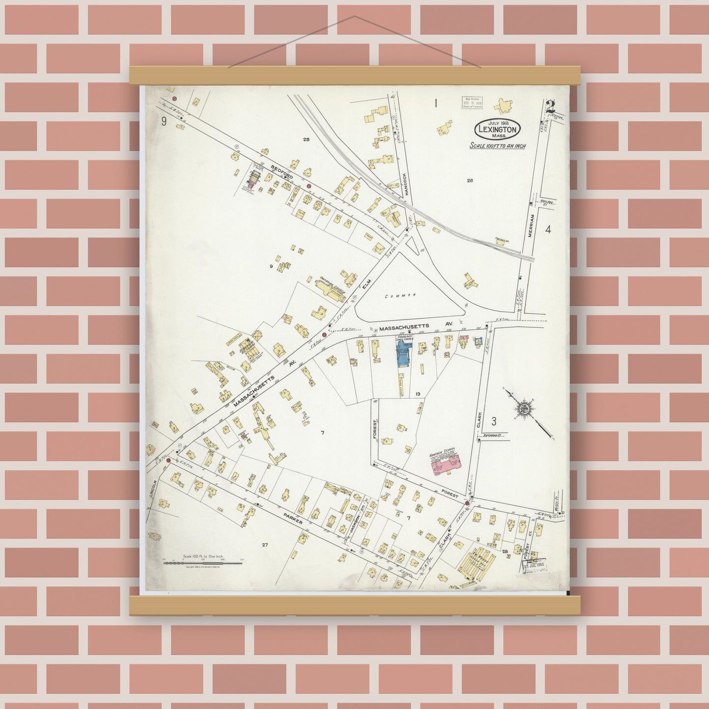 Old map wall art mockup — magnetic wood frame on brick wall — Sanborn Fire Insurance Map from Lexington, Middlesex County, Massachusetts (1918), Sheet #0002