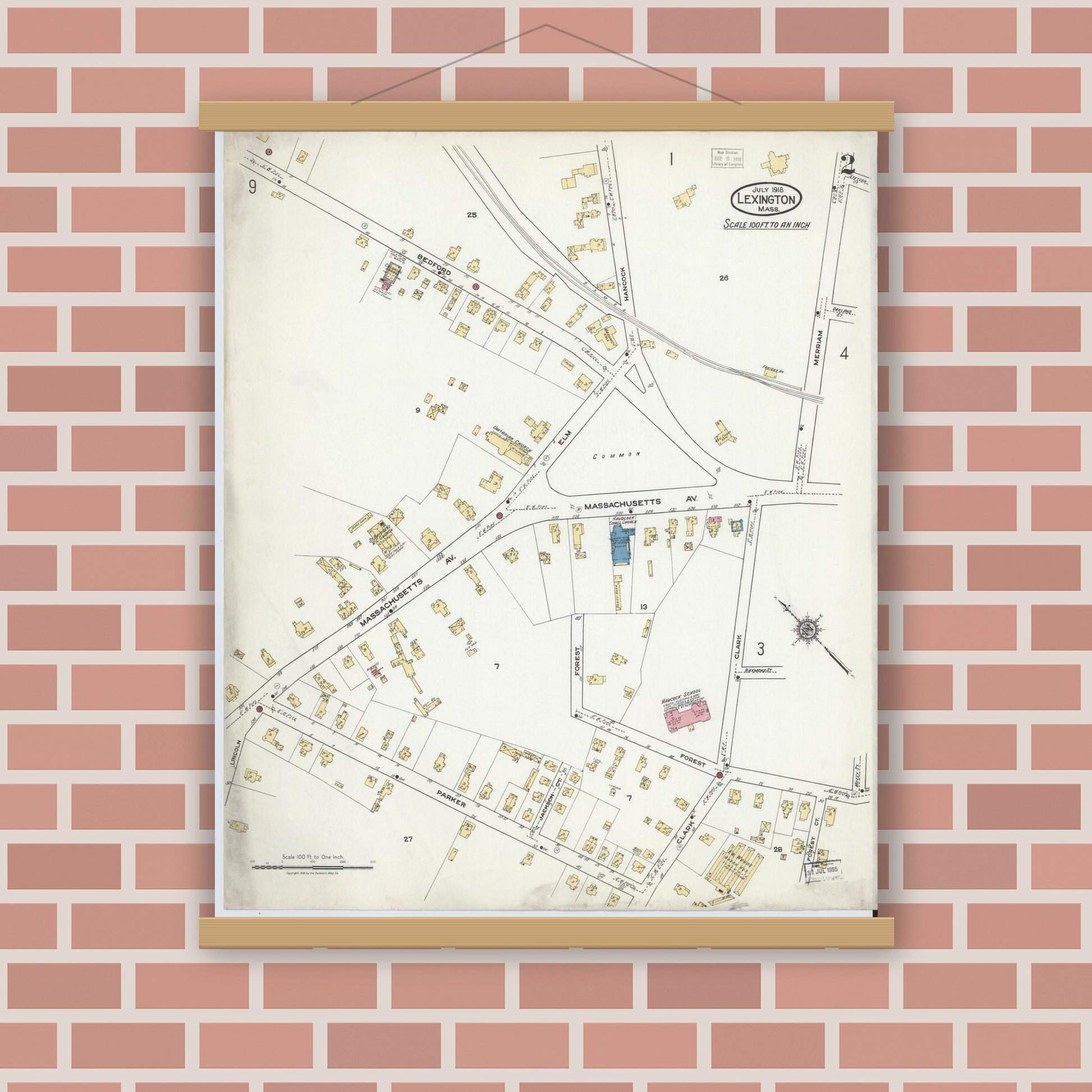 Old map wall art mockup — magnetic wood frame on brick wall — Sanborn Fire Insurance Map from Lexington, Middlesex County, Massachusetts (1918), Sheet #0002