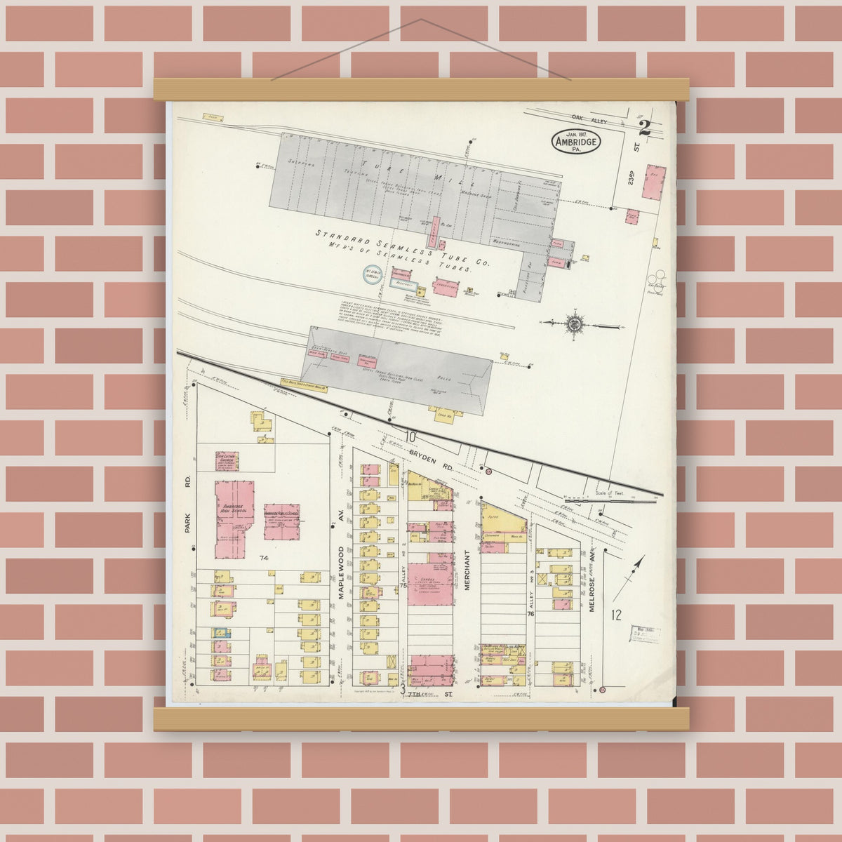 Old map wall art mockup — magnetic wood frame on brick wall — Sanborn Fire Insurance Map from Ambridge, Beaver County, Pennsylvania (1917), Sheet #0002