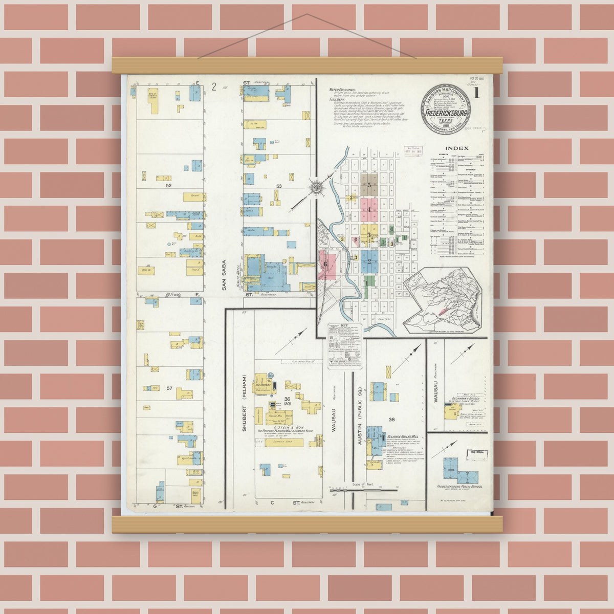 Old map wall art mockup — magnetic wood frame on brick wall — Sanborn Fire Insurance Map from Fredericksburg, Gillespie County, Texas (1915) - Complete Map Set