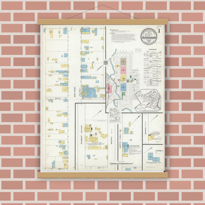 Old map wall art mockup — magnetic wood frame on brick wall — Sanborn Fire Insurance Map from Fredericksburg, Gillespie County, Texas (1915) - Complete Map Set
