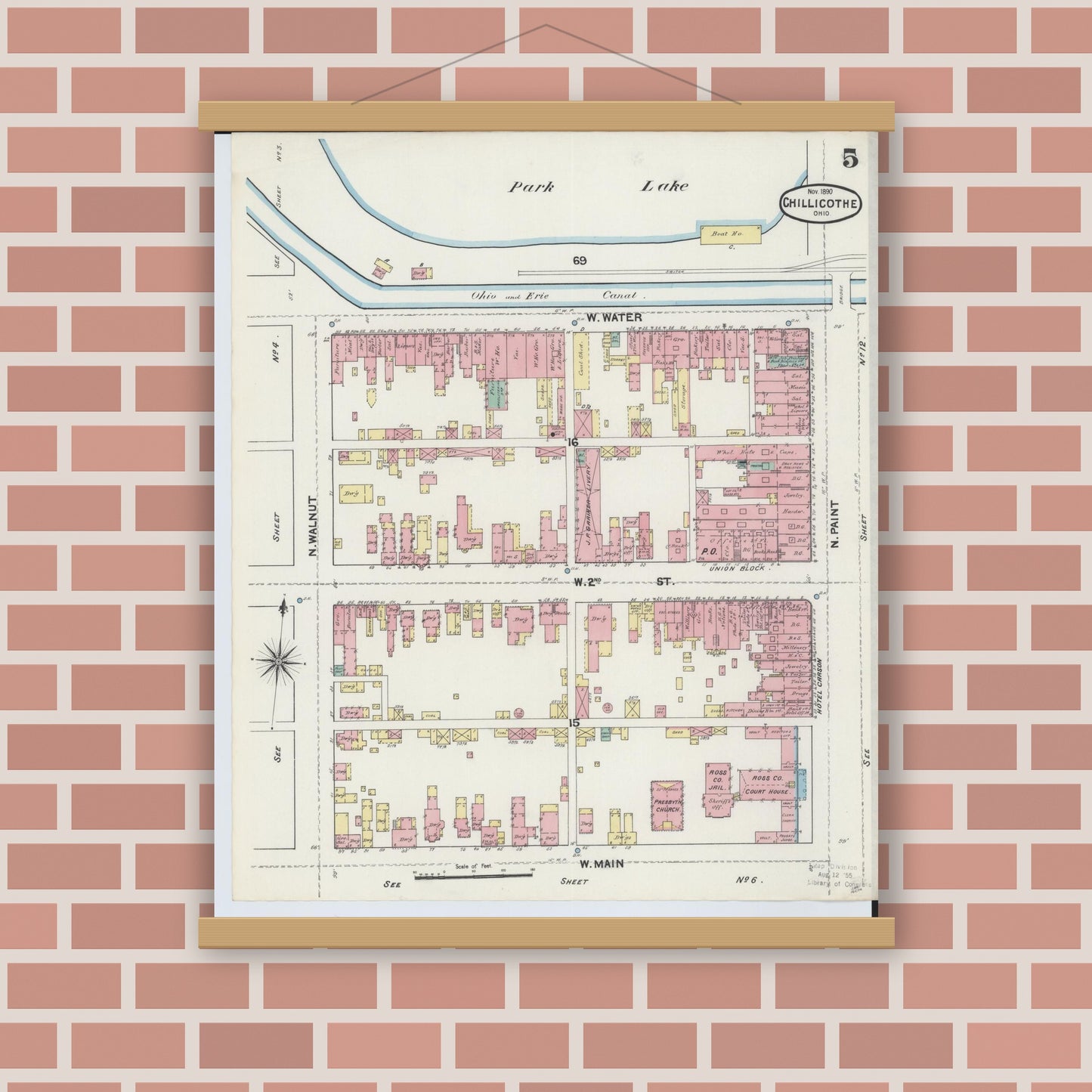 Old map wall art mockup — magnetic wood frame on brick wall — Sanborn Fire Insurance Map from Chillicothe, Ross County, Ohio (1890), Sheet #0005