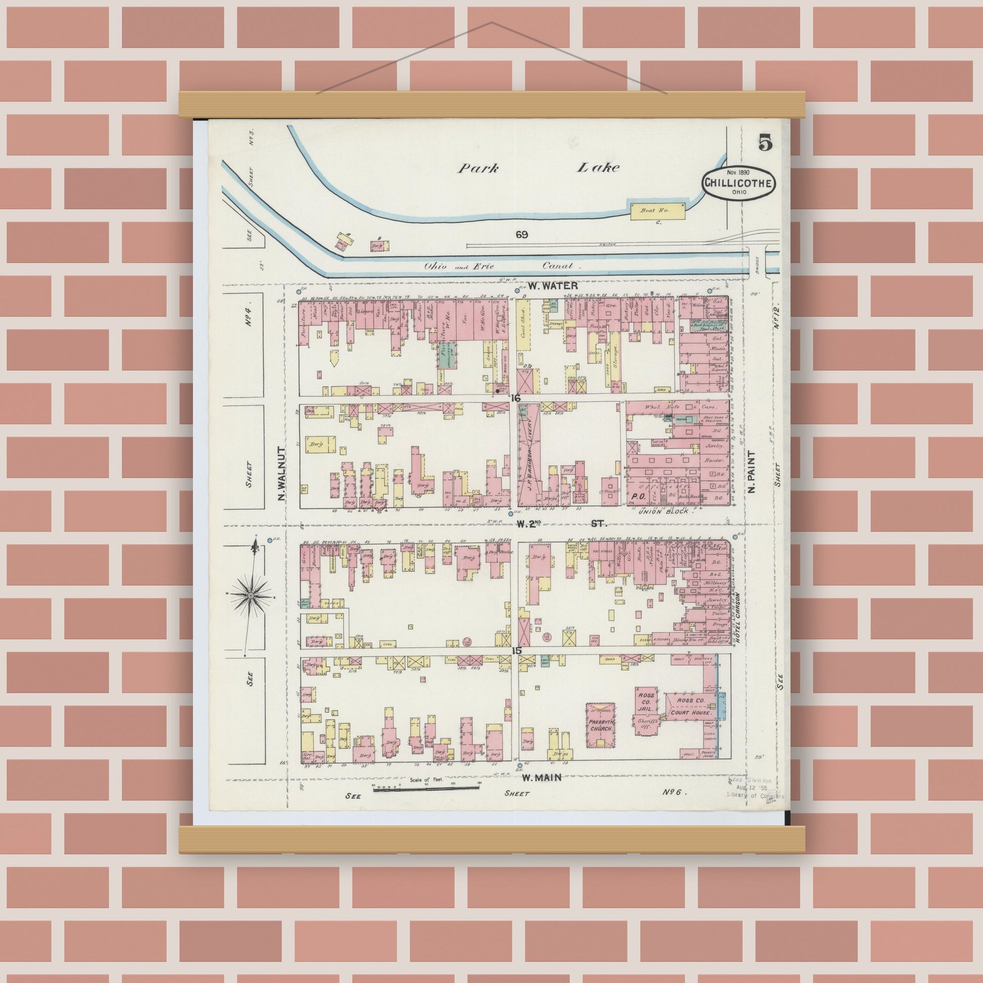 Old map wall art mockup — magnetic wood frame on brick wall — Sanborn Fire Insurance Map from Chillicothe, Ross County, Ohio (1890), Sheet #0005