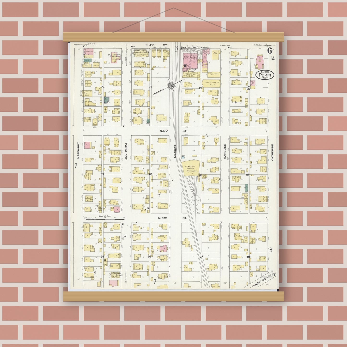Old map wall art mockup — magnetic wood frame on brick wall — Sanborn Fire Insurance Map from Pekin, Tazewell County, Illinois (1909), Sheet #0006