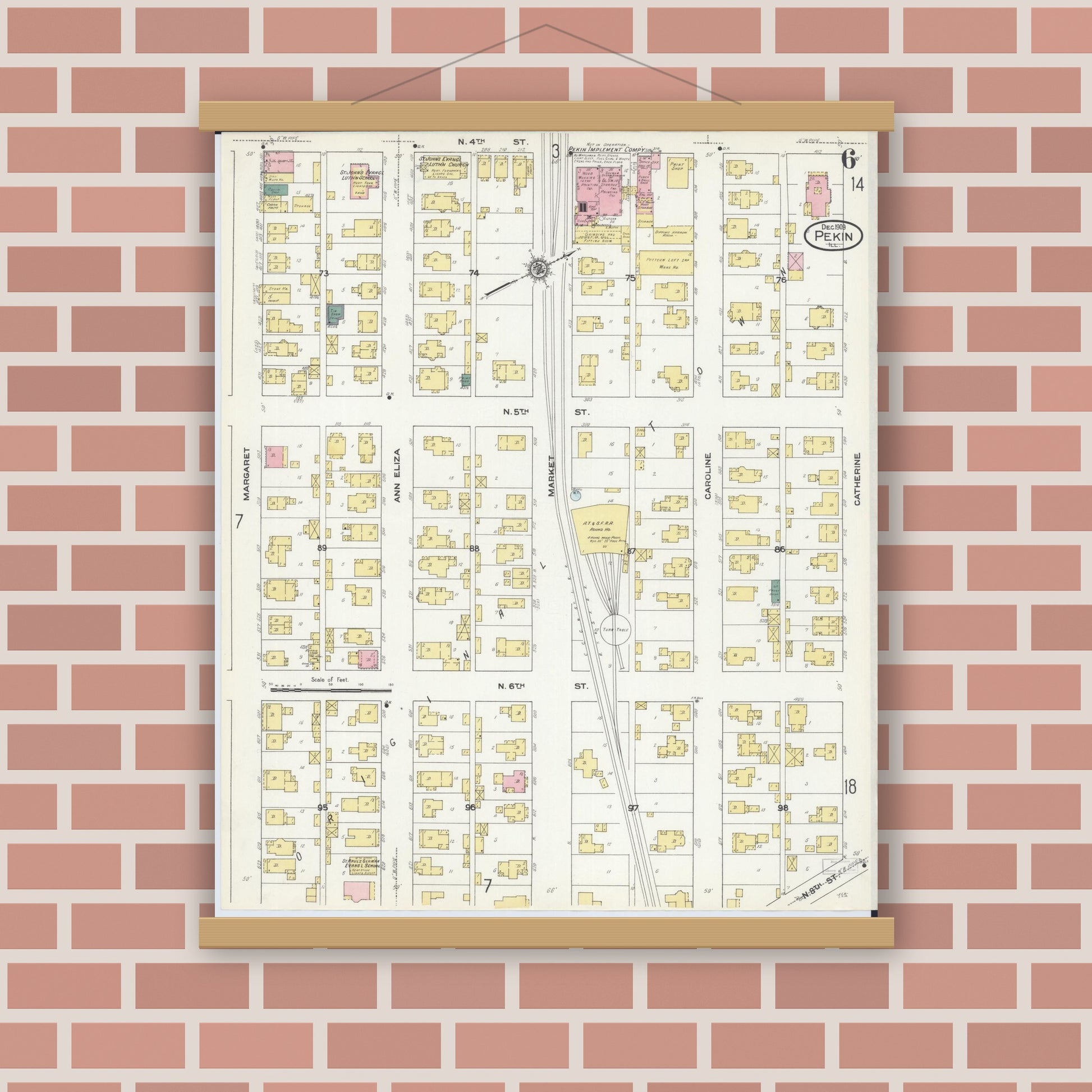 Old map wall art mockup — magnetic wood frame on brick wall — Sanborn Fire Insurance Map from Pekin, Tazewell County, Illinois (1909), Sheet #0006