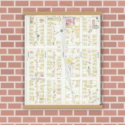 Old map wall art mockup — magnetic wood frame on brick wall — Sanborn Fire Insurance Map from Pekin, Tazewell County, Illinois (1909), Sheet #0006