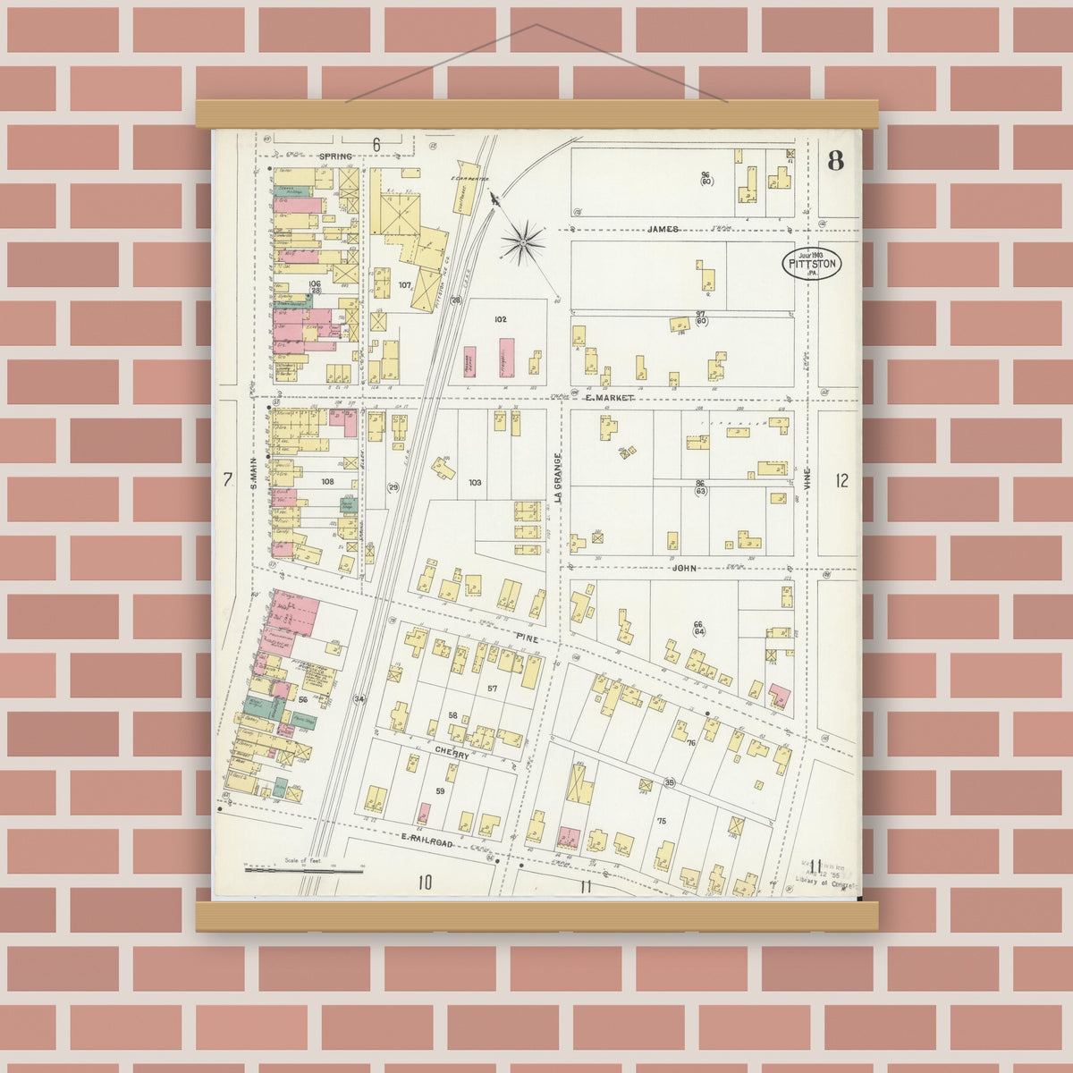Old map wall art mockup — magnetic wood frame on brick wall — Sanborn Fire Insurance Map from Pittston, Luzerne County, Pennsylvania (1903), Sheet #0008
