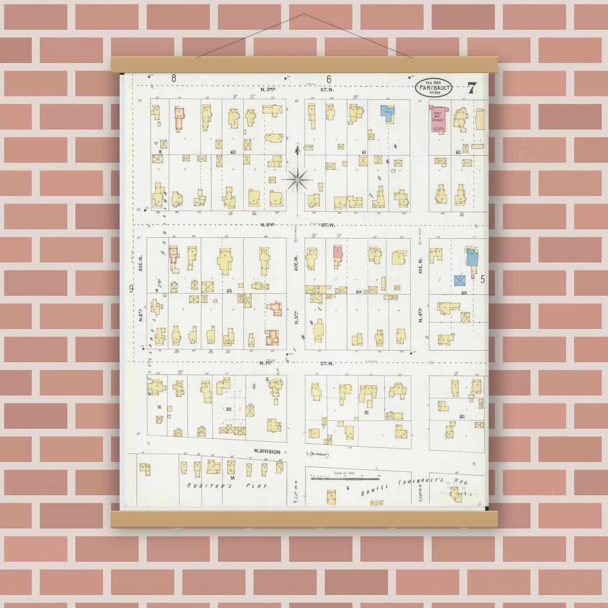 Old map wall art mockup — magnetic wood frame on brick wall — Sanborn Fire Insurance Map from Faribault, Rice County, Minnesota (1905), Sheet #0007
