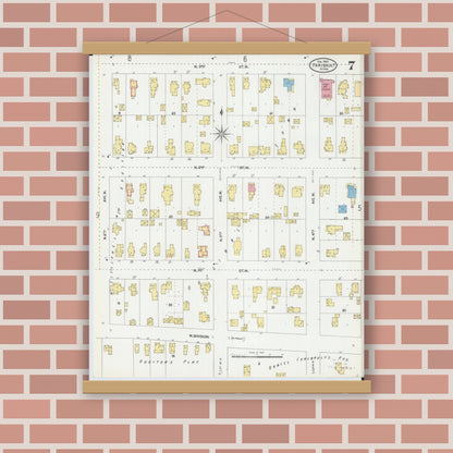 Old map wall art mockup — magnetic wood frame on brick wall — Sanborn Fire Insurance Map from Faribault, Rice County, Minnesota (1905), Sheet #0007