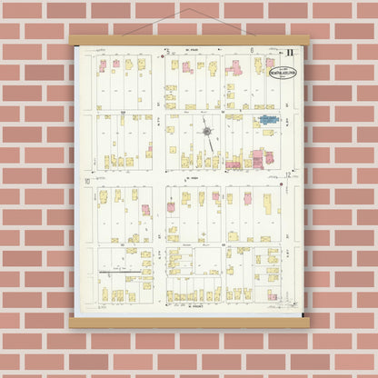 Old map wall art mockup — magnetic wood frame on brick wall — Sanborn Fire Insurance Map from New Philadelphia, Tuscarawas County, Ohio (1910), Sheet #0011