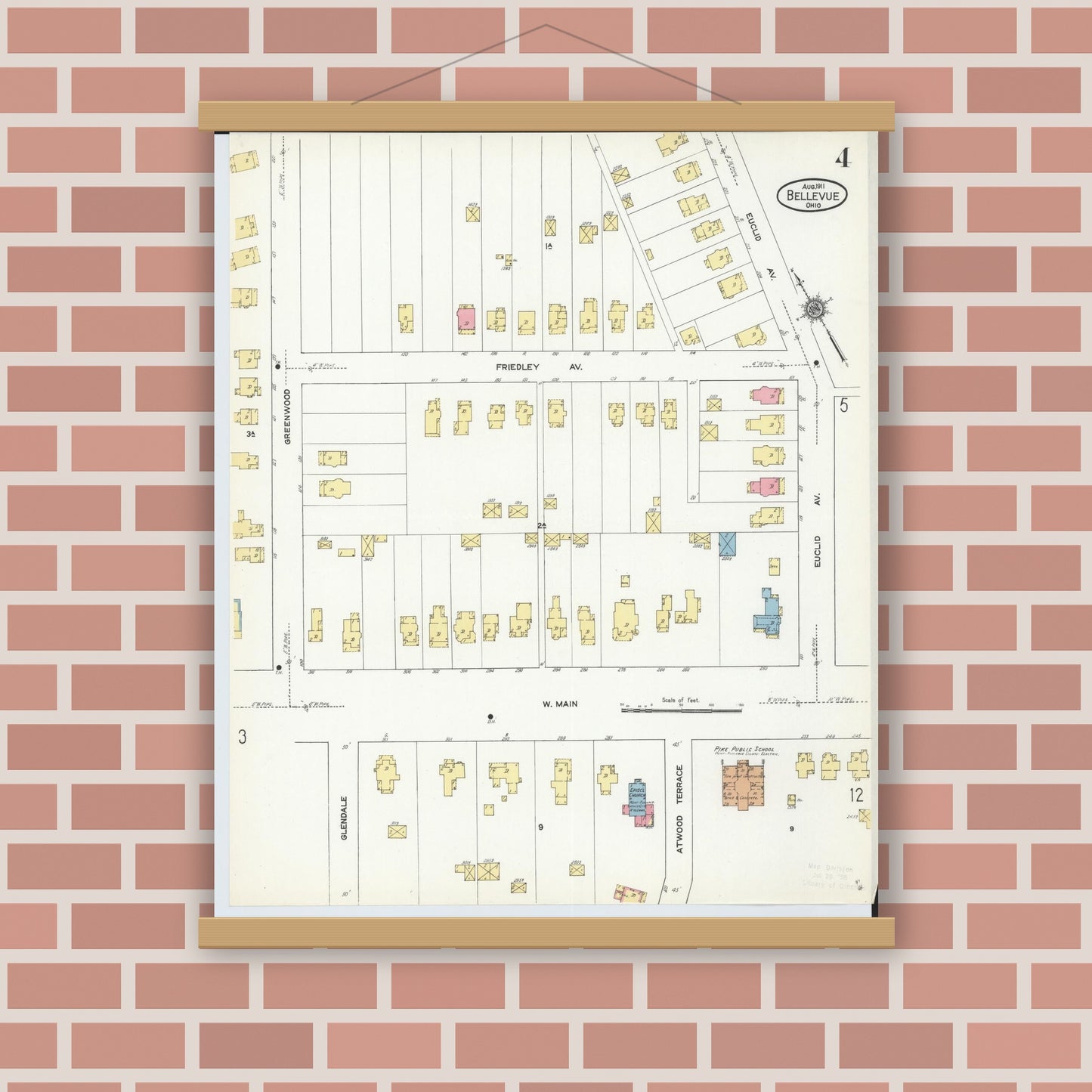 Old map wall art mockup — magnetic wood frame on brick wall — Sanborn Fire Insurance Map from Bellevue, Huron And Sandusky County, Ohio (1911), Sheet #0004