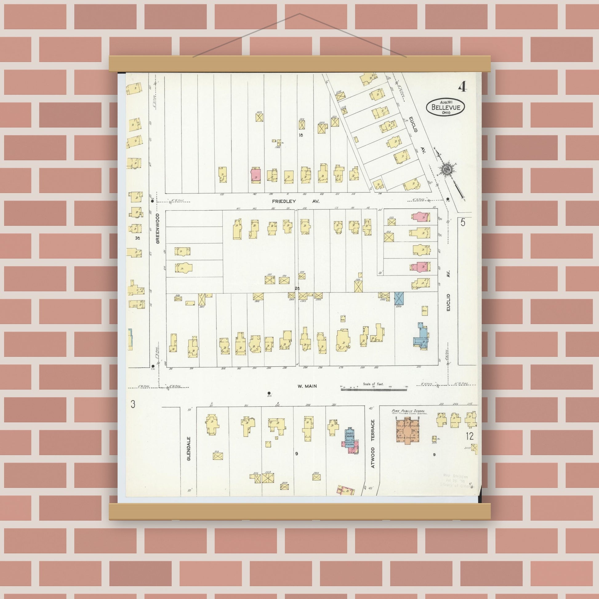 Old map wall art mockup — magnetic wood frame on brick wall — Sanborn Fire Insurance Map from Bellevue, Huron And Sandusky County, Ohio (1911), Sheet #0004