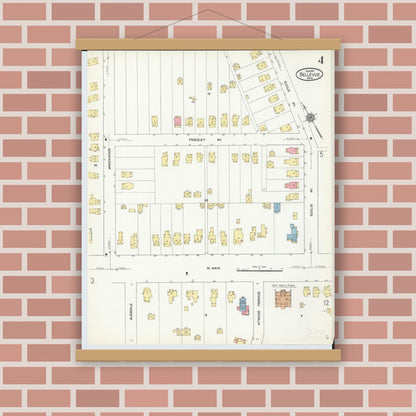 Old map wall art mockup — magnetic wood frame on brick wall — Sanborn Fire Insurance Map from Bellevue, Huron And Sandusky County, Ohio (1911), Sheet #0004