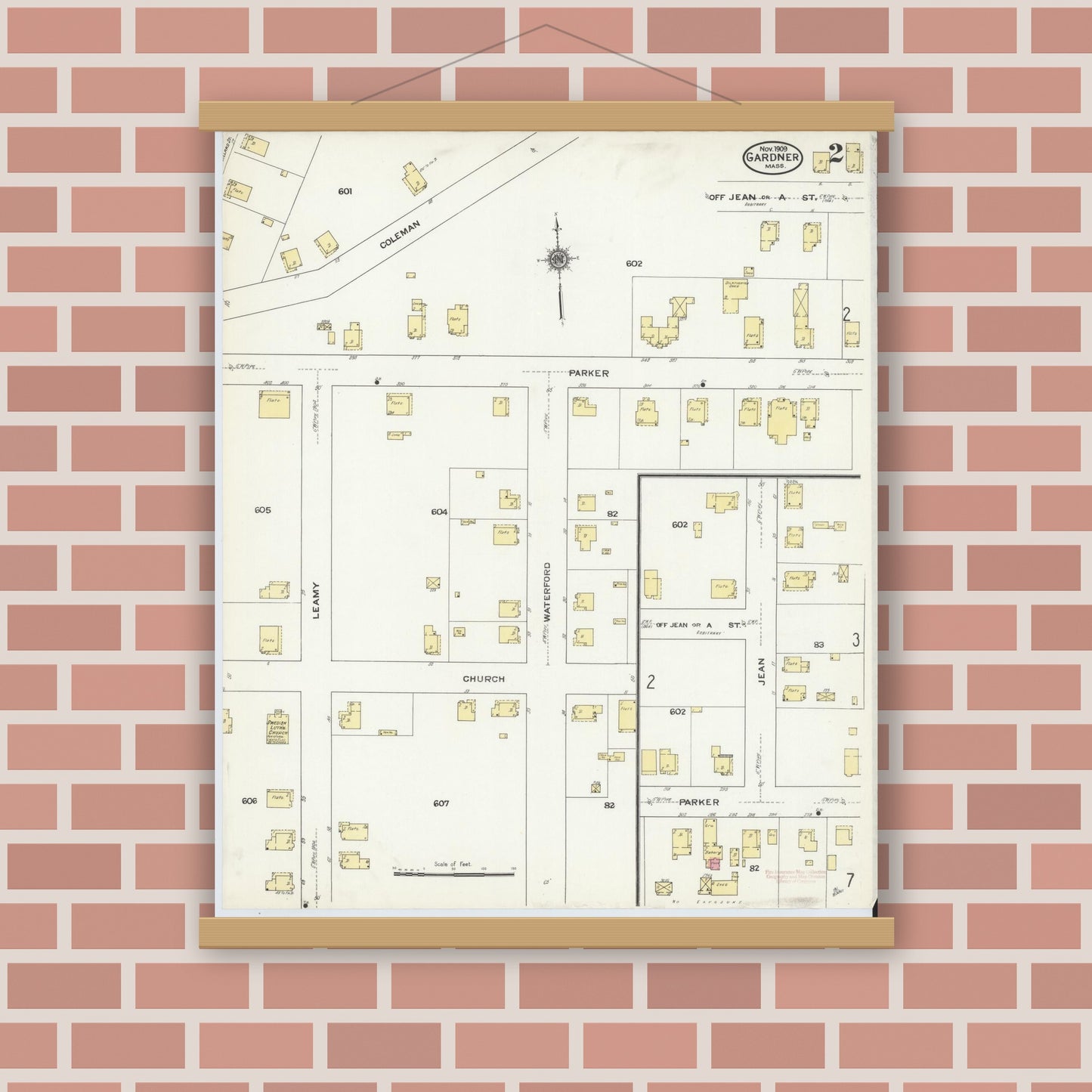 Old map wall art mockup — magnetic wood frame on brick wall — Sanborn Fire Insurance Map from Gardner, Worcester County, Massachusetts (1909), Sheet #0002
