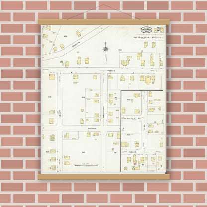 Old map wall art mockup — magnetic wood frame on brick wall — Sanborn Fire Insurance Map from Gardner, Worcester County, Massachusetts (1909), Sheet #0002