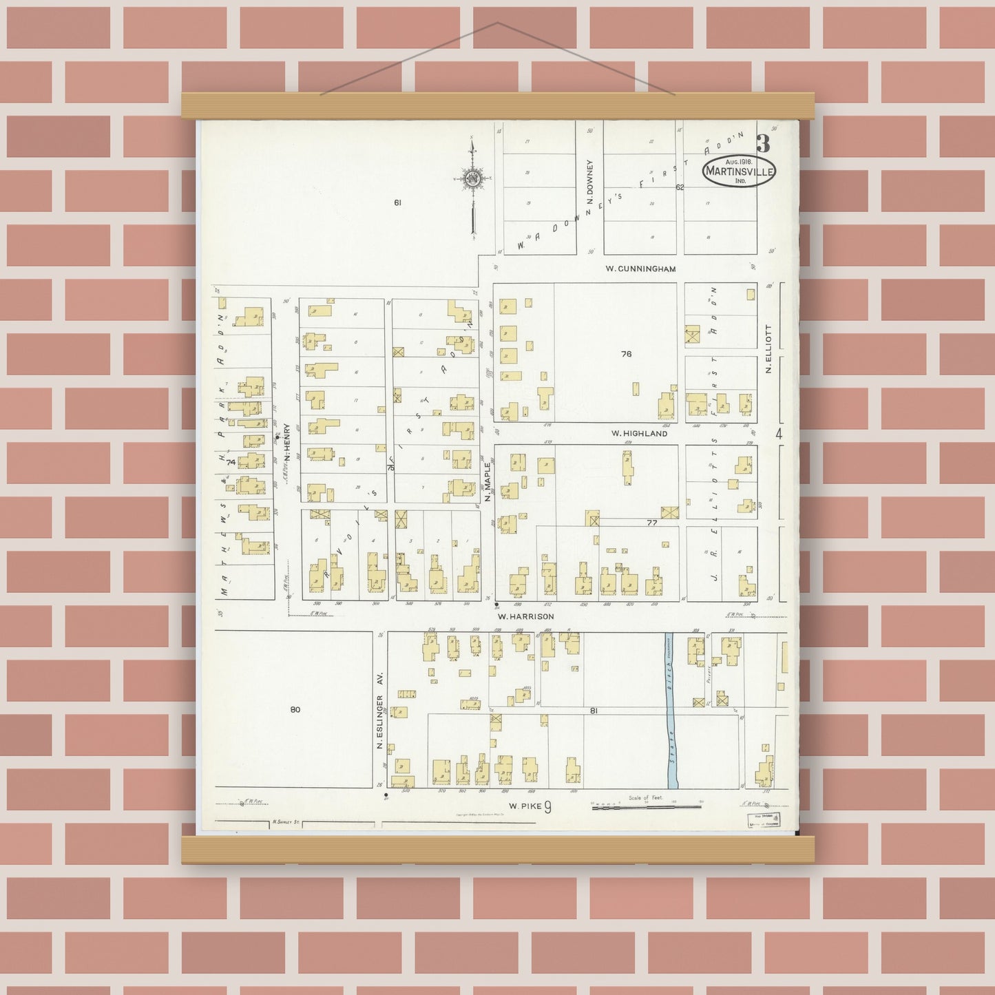 Old map wall art mockup — magnetic wood frame on brick wall — Sanborn Fire Insurance Map from Martinsville, Morgan County, Indiana (1916), Sheet #0003