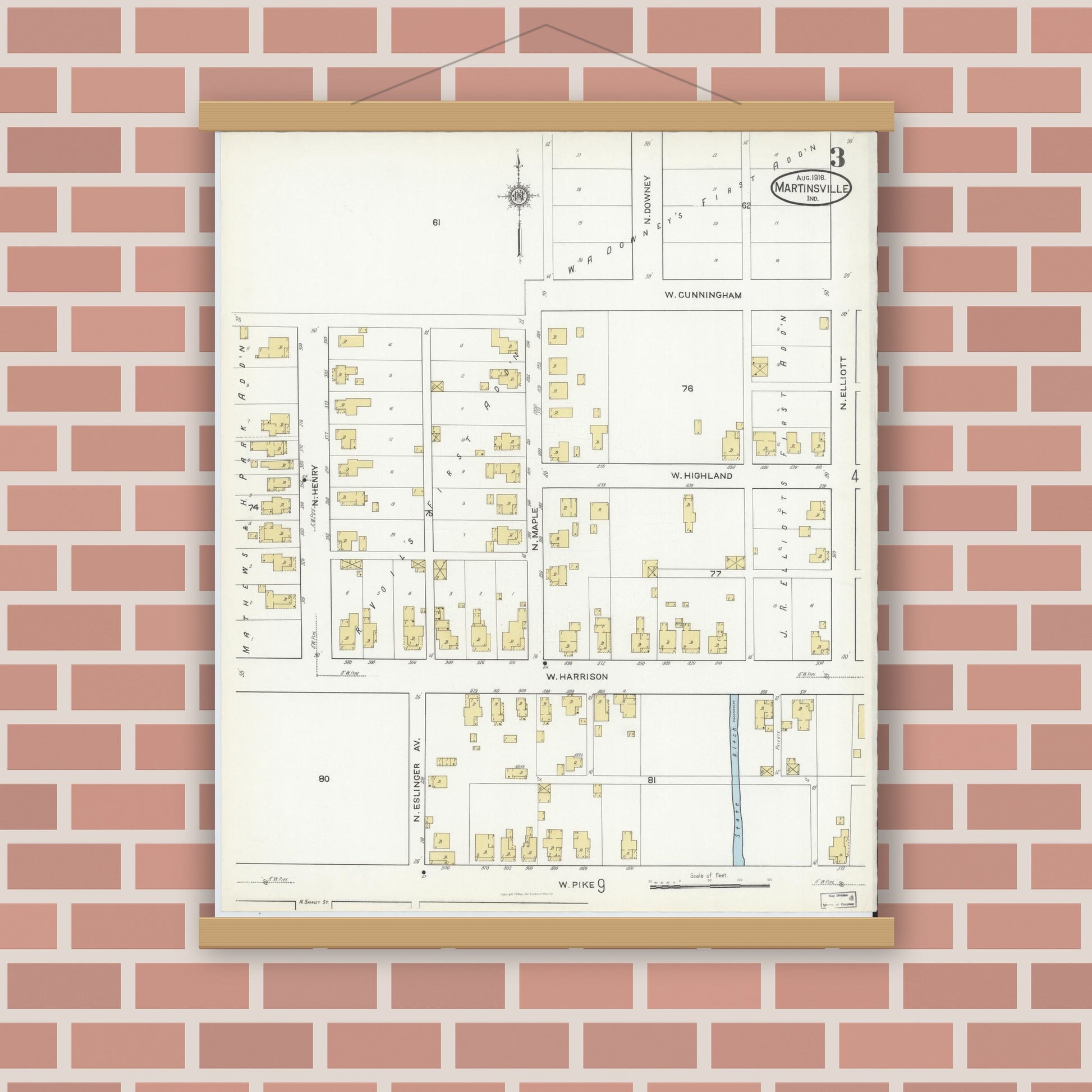 Old map wall art mockup — magnetic wood frame on brick wall — Sanborn Fire Insurance Map from Martinsville, Morgan County, Indiana (1916), Sheet #0003