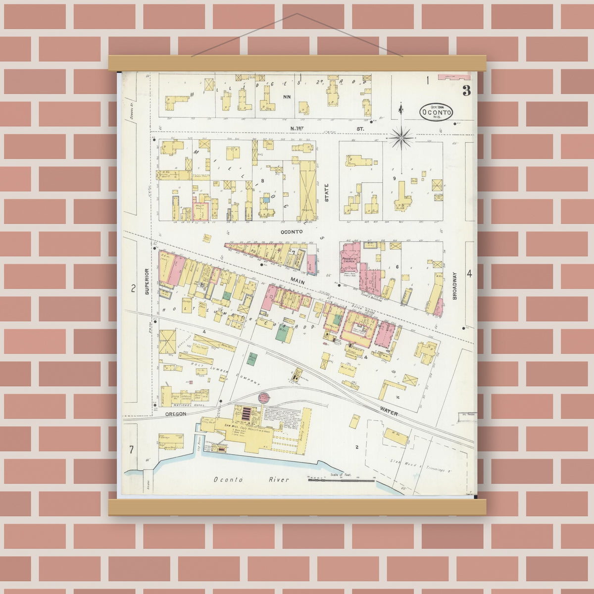 Old map wall art mockup — magnetic wood frame on brick wall — Sanborn Fire Insurance Map from Oconto, Oconto County, Wisconsin (1904), Sheet #0003