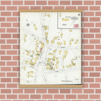 Old map wall art mockup — magnetic wood frame on brick wall — Sanborn Fire Insurance Map from Bridgewater, Plymouth County, Massachusetts (1901), Sheet #0003