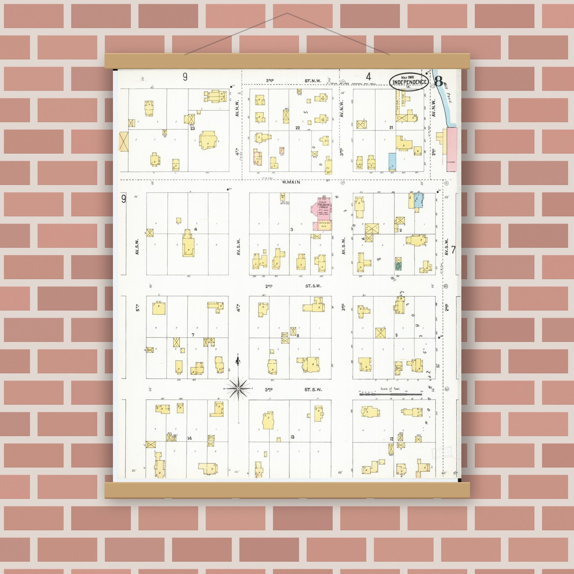Old map wall art mockup — magnetic wood frame on brick wall — Sanborn Fire Insurance Map from Independence, Buchanan County, Iowa (1905), Sheet #0008