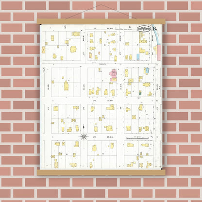 Old map wall art mockup — magnetic wood frame on brick wall — Sanborn Fire Insurance Map from Independence, Buchanan County, Iowa (1905), Sheet #0008