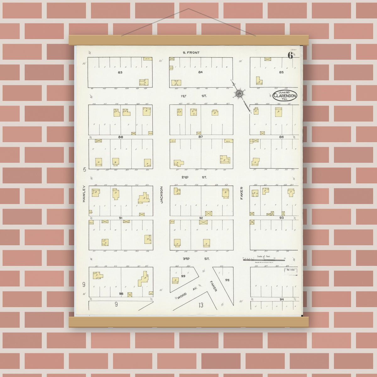Old map wall art mockup — magnetic wood frame on brick wall — Sanborn Fire Insurance Map from Clarendon, Donley County, Texas (1921), Sheet #0006