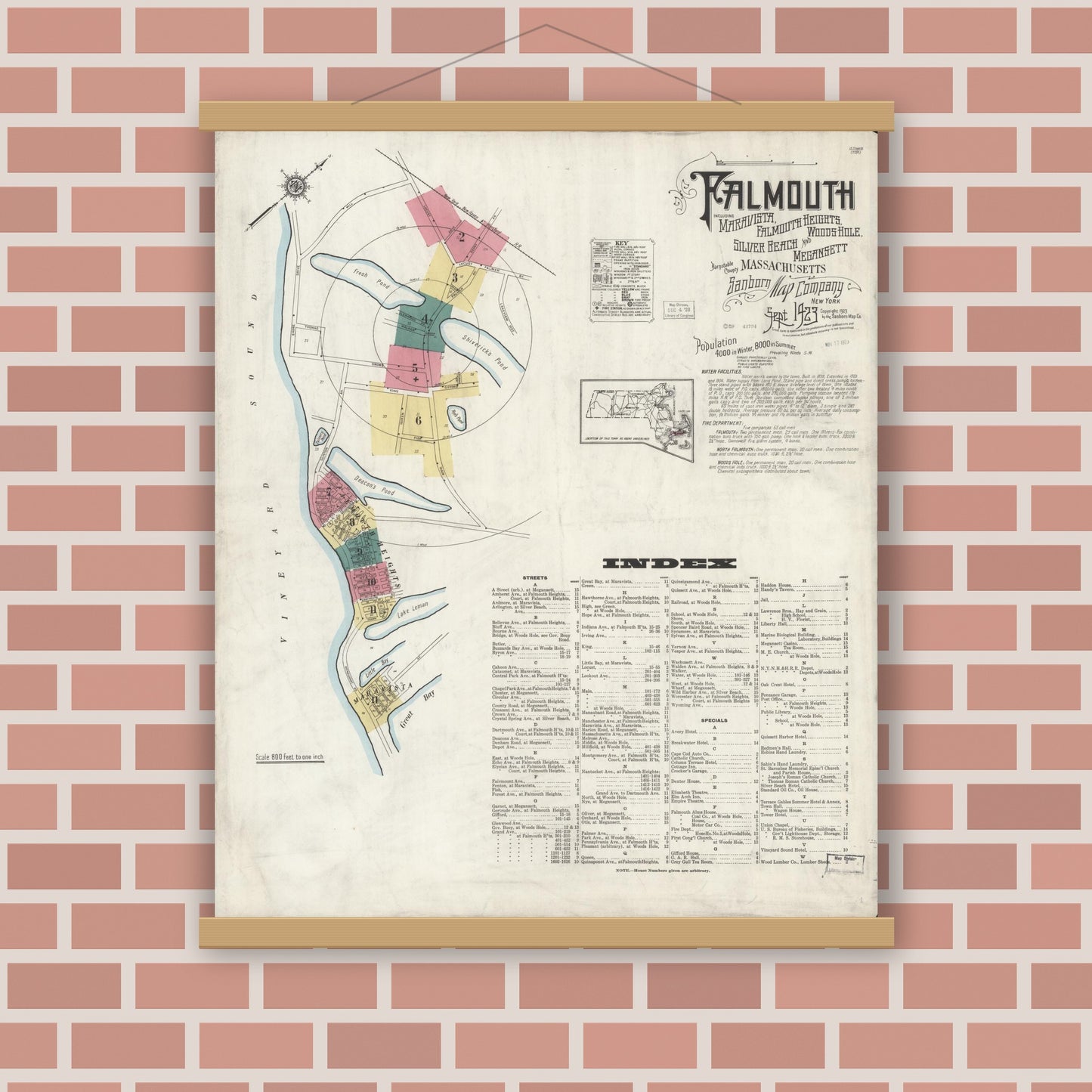 Old map wall art mockup — magnetic wood frame on brick wall — Sanborn Fire Insurance Map from Falmouth, Barnstable County, Massachusetts (1923) - Complete Map Set