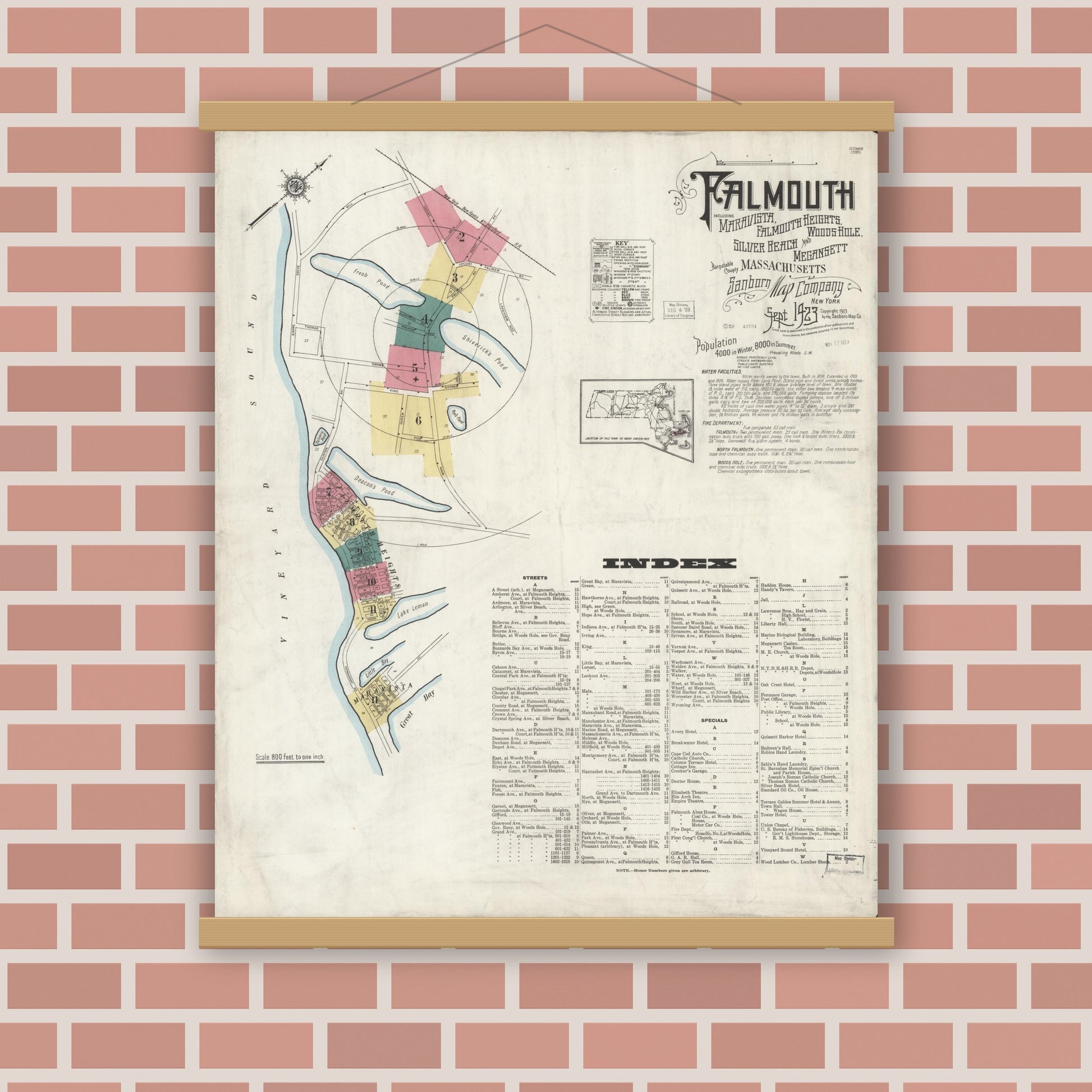 Old map wall art mockup — magnetic wood frame on brick wall — Sanborn Fire Insurance Map from Falmouth, Barnstable County, Massachusetts (1923) - Complete Map Set