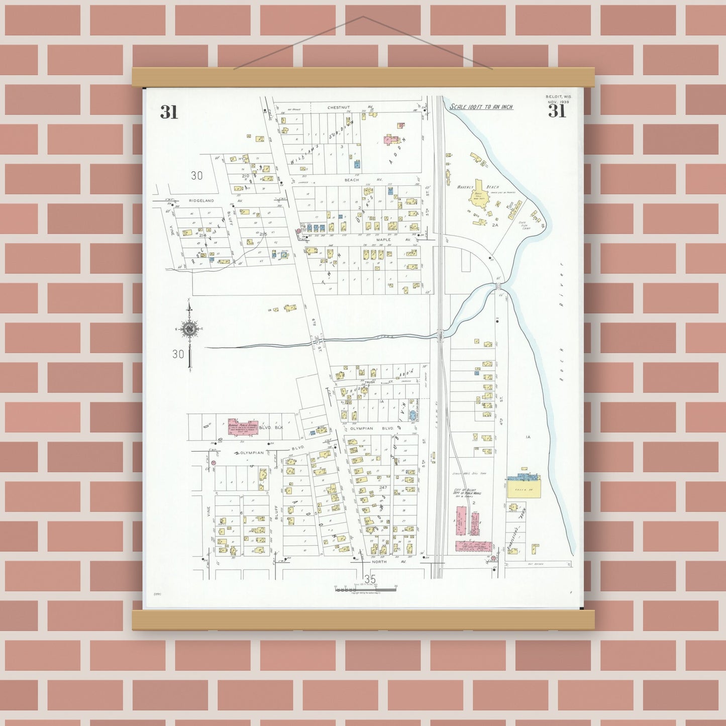 Old map wall art mockup — magnetic wood frame on brick wall — Sanborn Fire Insurance Map from Beloit, Rock County, Wisconsin (1939), Sheet #0031