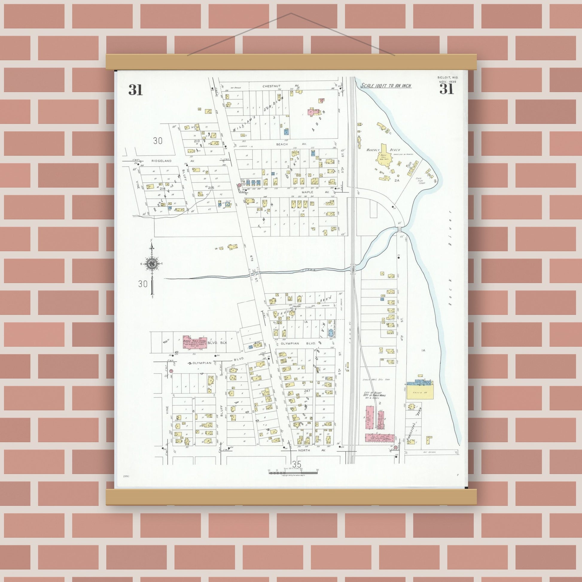 Old map wall art mockup — magnetic wood frame on brick wall — Sanborn Fire Insurance Map from Beloit, Rock County, Wisconsin (1939), Sheet #0031