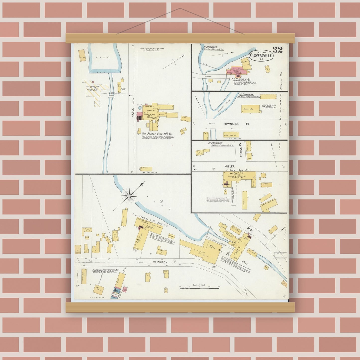 Old map wall art mockup — magnetic wood frame on brick wall — Sanborn Fire Insurance Map from Gloversville, Fulton County, New York (1902), Sheet #0032