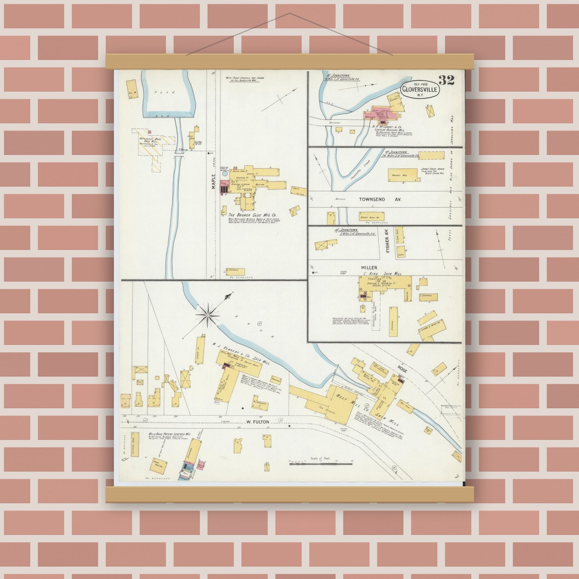Old map wall art mockup — magnetic wood frame on brick wall — Sanborn Fire Insurance Map from Gloversville, Fulton County, New York (1902), Sheet #0032