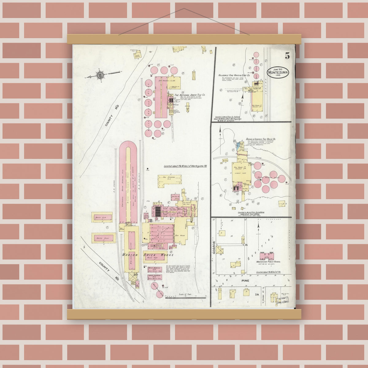Old map wall art mockup — magnetic wood frame on brick wall — Sanborn Fire Insurance Map from Montezuma, Parke County, Indiana (1910), Sheet #0005