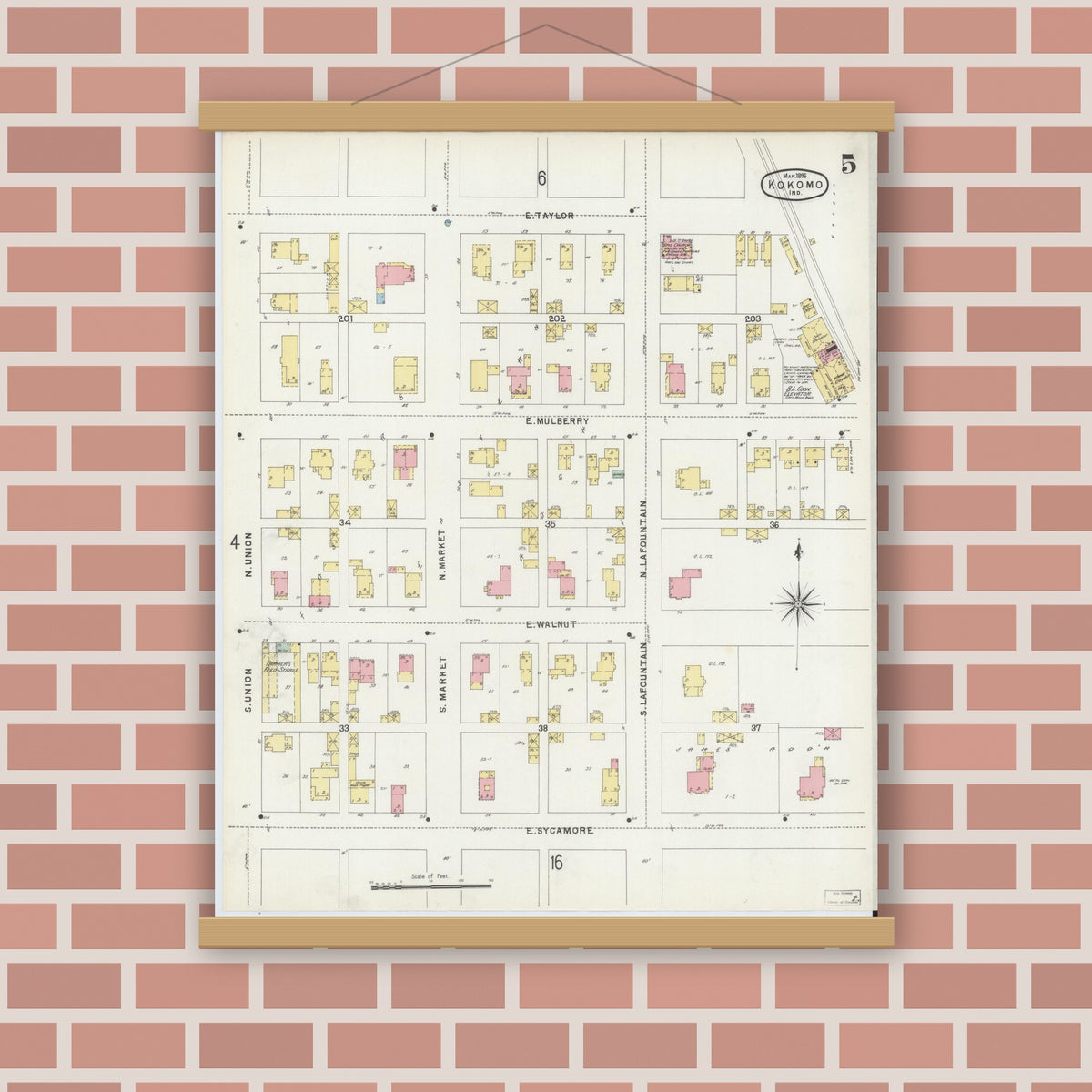Old map wall art mockup — magnetic wood frame on brick wall — Sanborn Fire Insurance Map from Kokomo, Howard County, Indiana (1896), Sheet #0005
