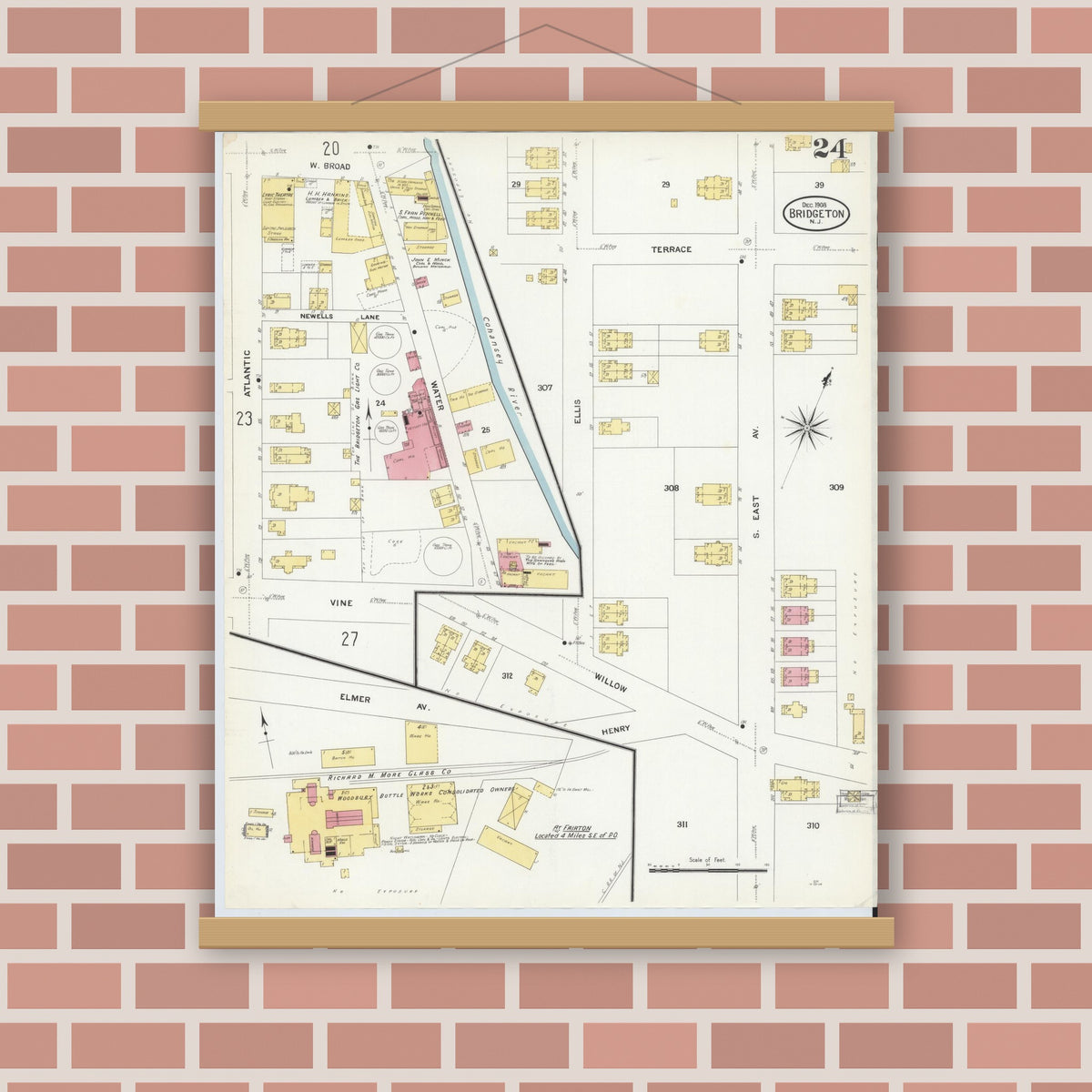 Old map wall art mockup — magnetic wood frame on brick wall — Sanborn Fire Insurance Map from Bridgeton, Cumberland County, New Jersey (1908), Sheet #0024