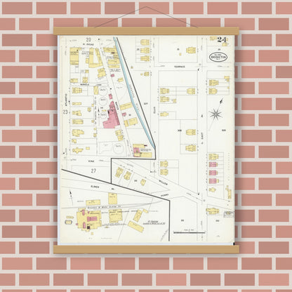 Old map wall art mockup — magnetic wood frame on brick wall — Sanborn Fire Insurance Map from Bridgeton, Cumberland County, New Jersey (1908), Sheet #0024