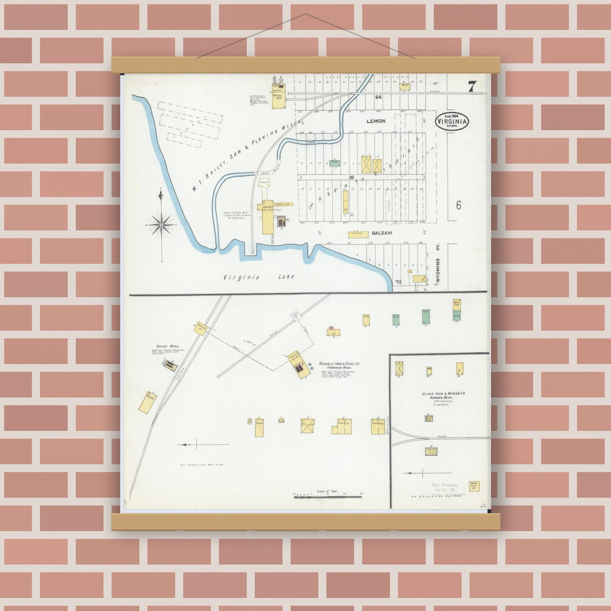 Old map wall art mockup — magnetic wood frame on brick wall — Sanborn Fire Insurance Map from Virginia, Saint Louis County, Minnesota (1904), Sheet #0007