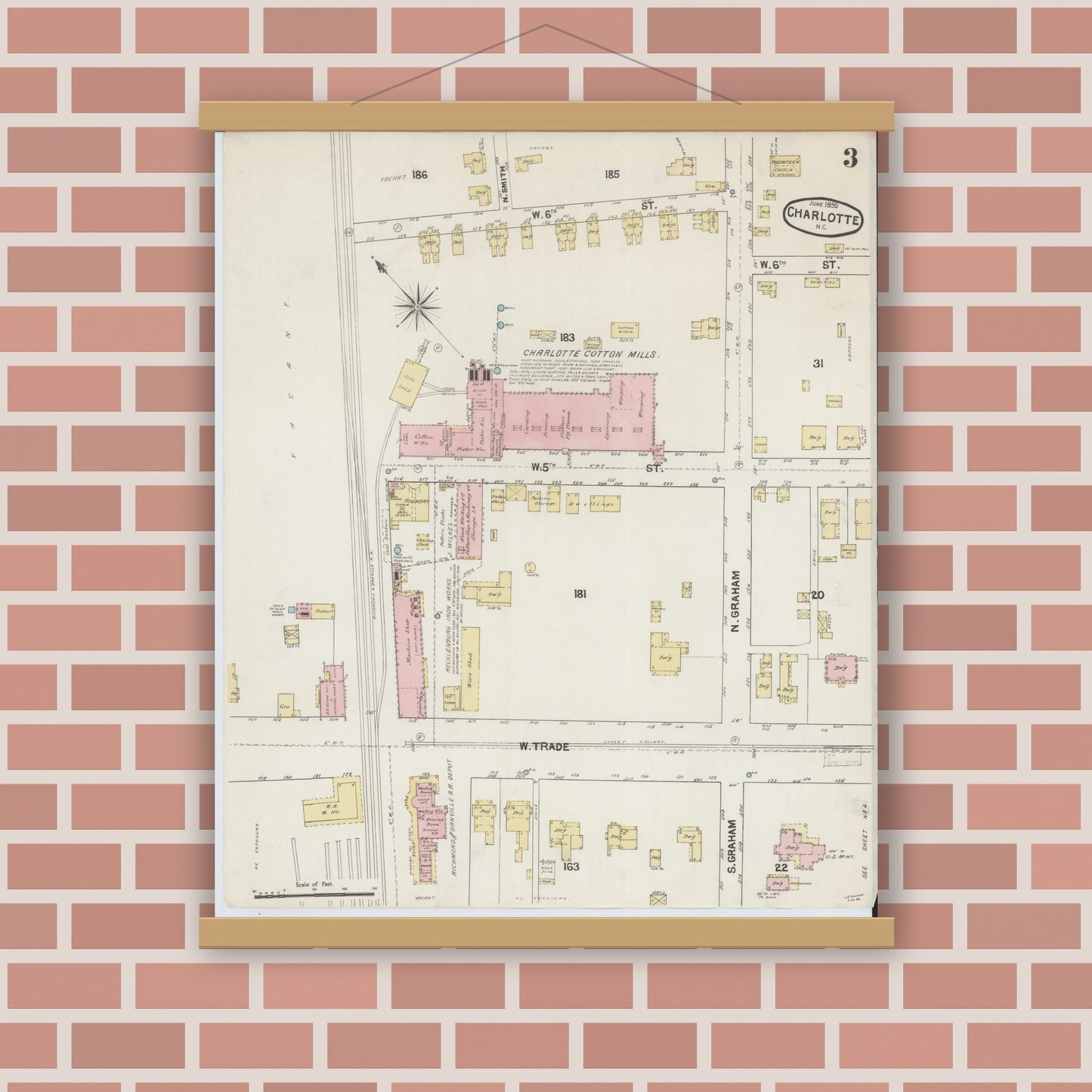 Old map wall art mockup — magnetic wood frame on brick wall — Sanborn Fire Insurance Map from Charlotte, Mecklenburg County, North Carolina (1890), Sheet #0003