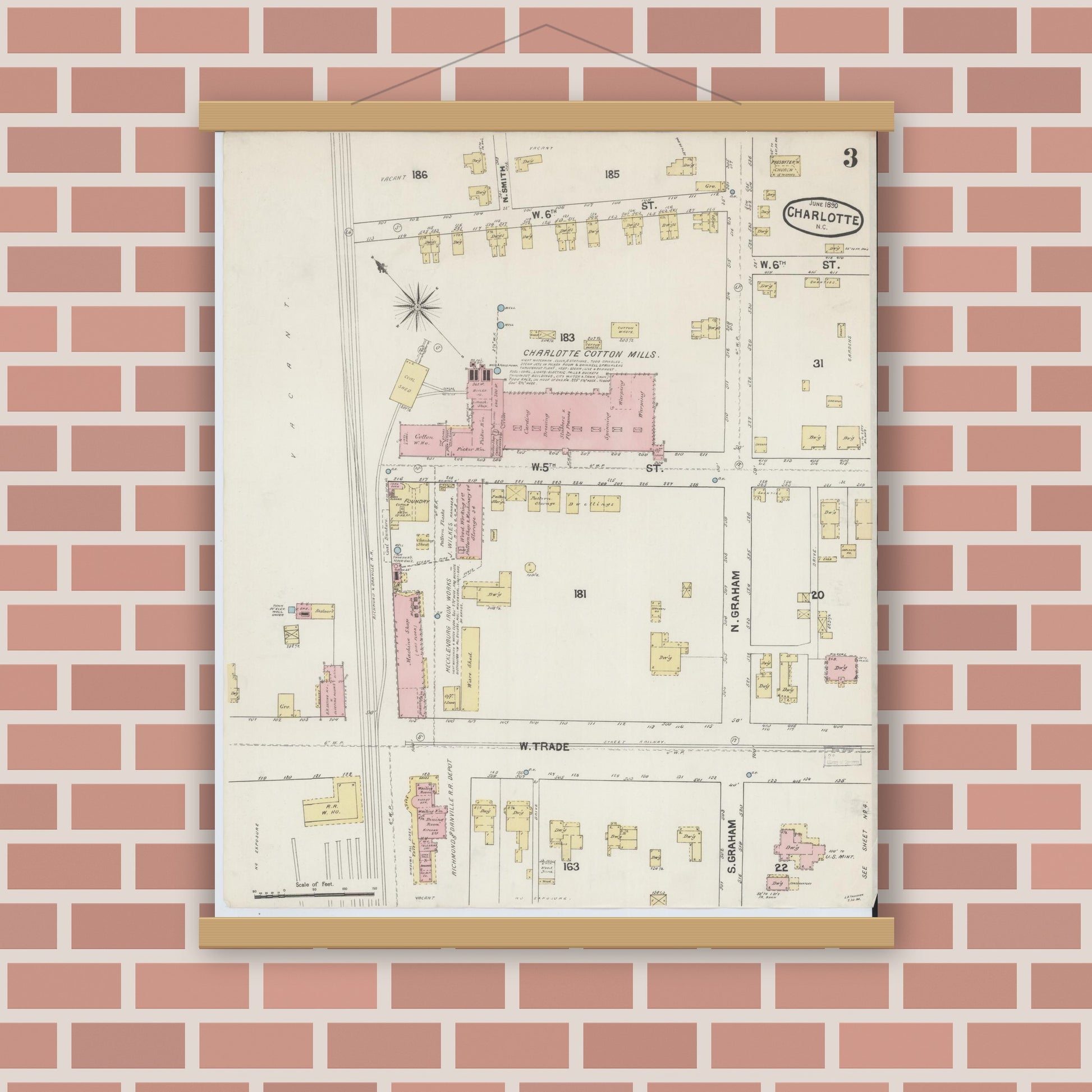 Old map wall art mockup — magnetic wood frame on brick wall — Sanborn Fire Insurance Map from Charlotte, Mecklenburg County, North Carolina (1890), Sheet #0003