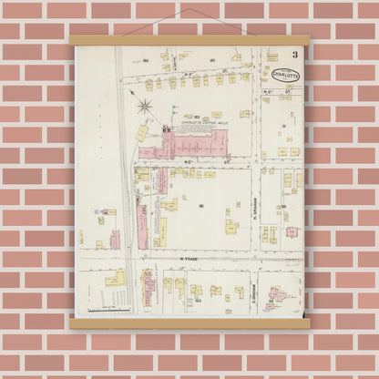 Old map wall art mockup — magnetic wood frame on brick wall — Sanborn Fire Insurance Map from Charlotte, Mecklenburg County, North Carolina (1890), Sheet #0003