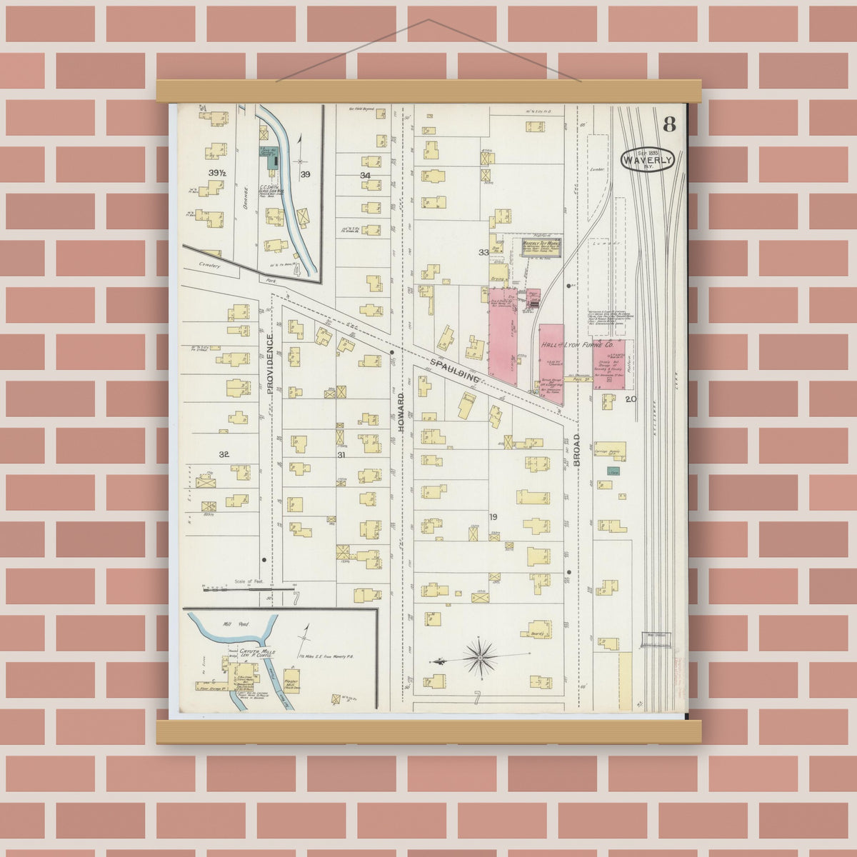 Old map wall art mockup — magnetic wood frame on brick wall — Sanborn Fire Insurance Map from Waverly, Tioga County, New York (1893), Sheet #0008