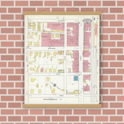 Old map wall art mockup — magnetic wood frame on brick wall — Sanborn Fire Insurance Map from Henderson, Vance County, North Carolina (1917), Sheet #0004