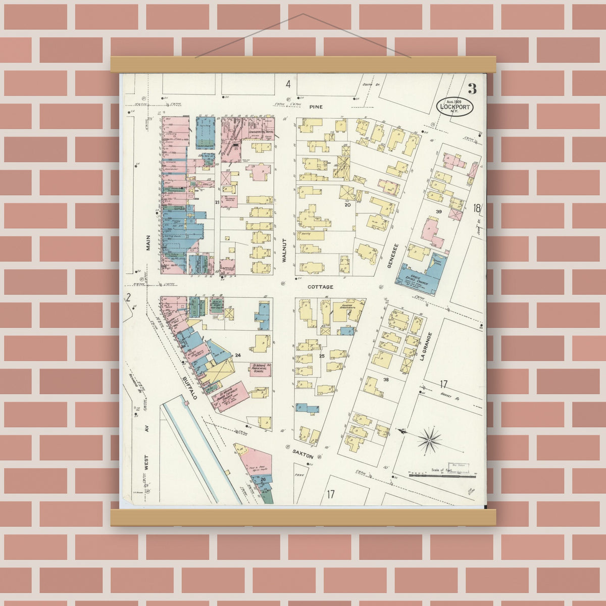 Old map wall art mockup — magnetic wood frame on brick wall — Sanborn Fire Insurance Map from Lockport, Niagara County, New York (1909), Sheet #0003