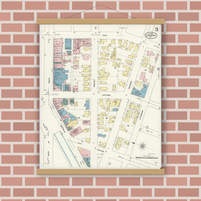 Old map wall art mockup — magnetic wood frame on brick wall — Sanborn Fire Insurance Map from Lockport, Niagara County, New York (1909), Sheet #0003