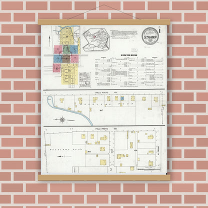 Old map wall art mockup — magnetic wood frame on brick wall — Sanborn Fire Insurance Map from Strawn, Palo Pinto County, Texas (1920), Sheet #0001