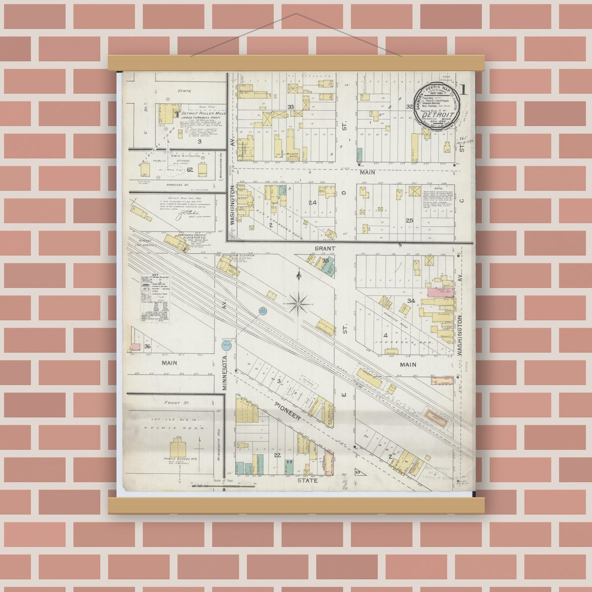 Old map wall art mockup — magnetic wood frame on brick wall — Sanborn Fire Insurance Map from Detroit Lakes, Becker County, Minnesota (1892) - Complete Map Set