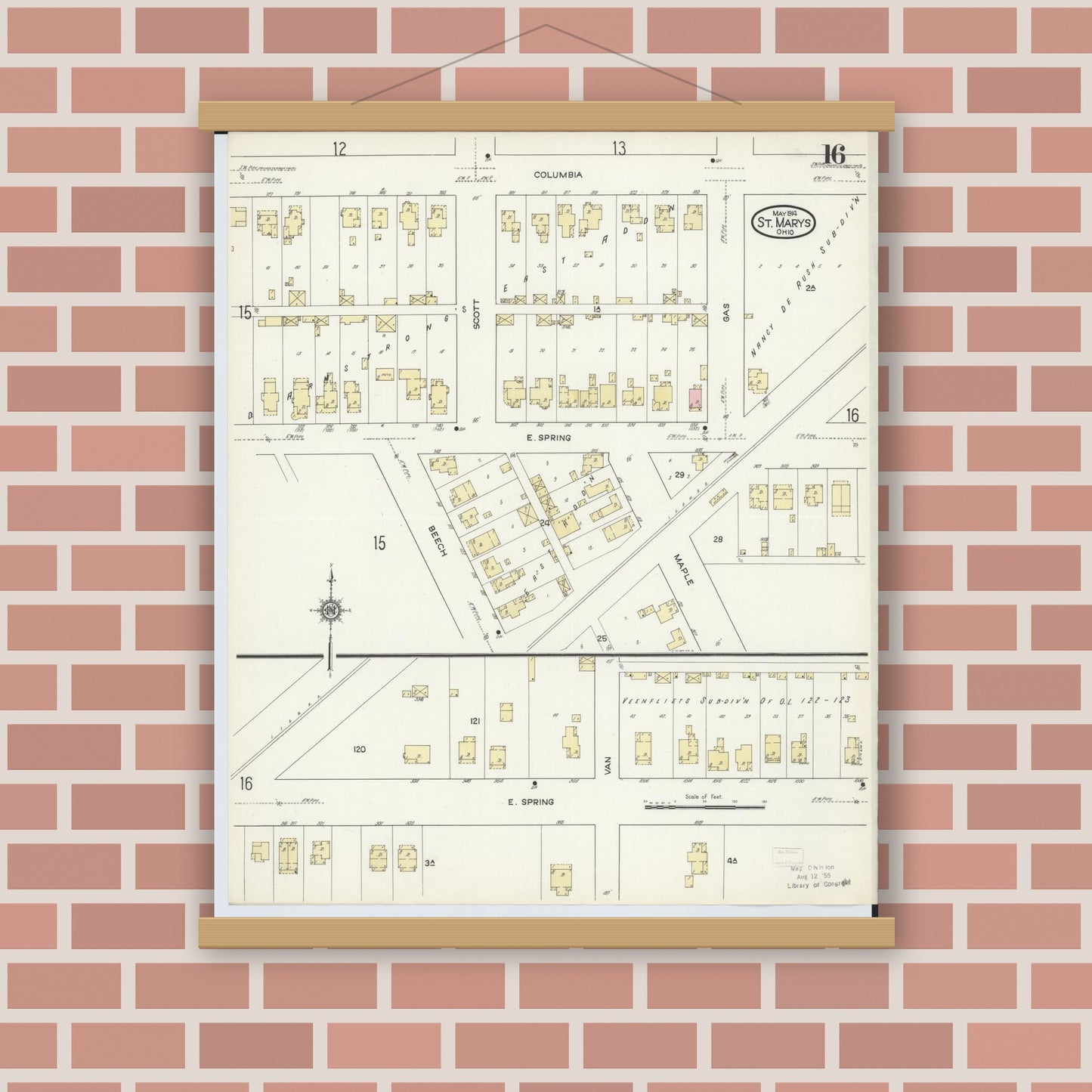 Old map wall art mockup — magnetic wood frame on brick wall — Sanborn Fire Insurance Map from Saint Marys, Auglaize County, Ohio (1914), Sheet #0016