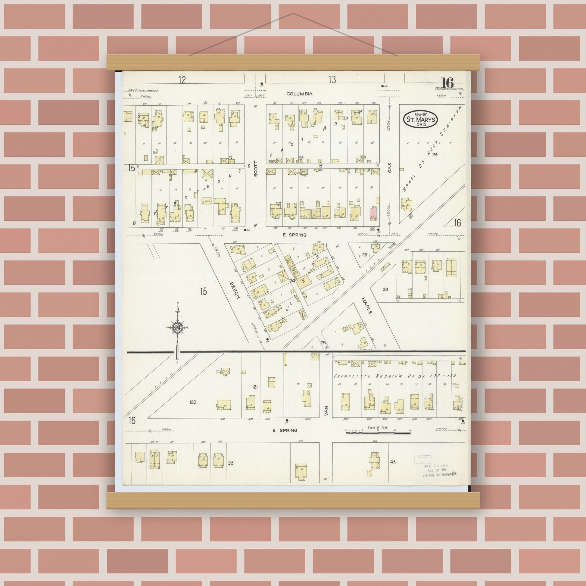 Old map wall art mockup — magnetic wood frame on brick wall — Sanborn Fire Insurance Map from Saint Marys, Auglaize County, Ohio (1914), Sheet #0016