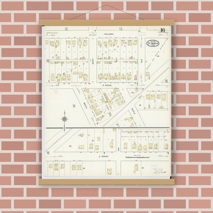 Old map wall art mockup — magnetic wood frame on brick wall — Sanborn Fire Insurance Map from Saint Marys, Auglaize County, Ohio (1914), Sheet #0016