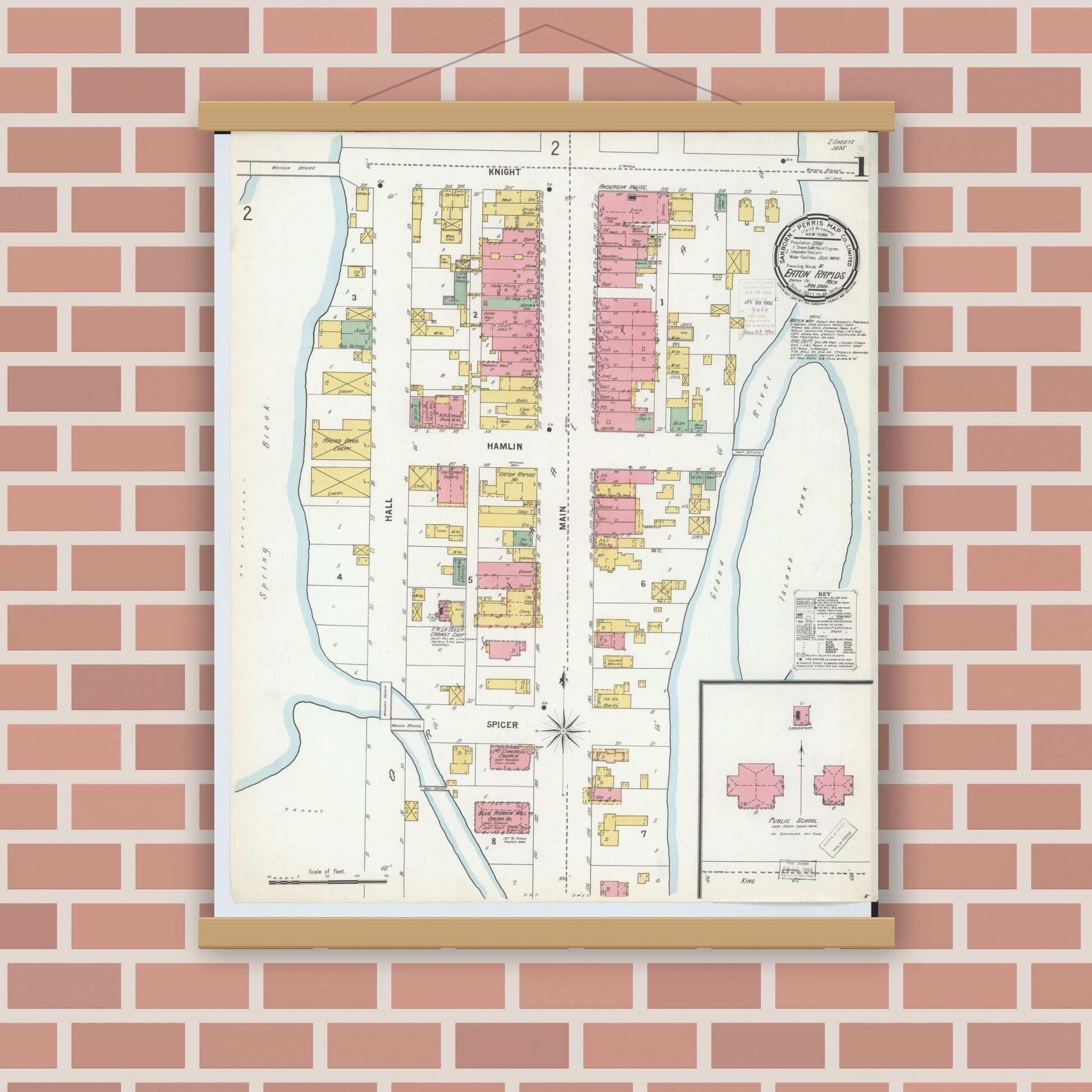 Old map wall art mockup — magnetic wood frame on brick wall — Sanborn Fire Insurance Map from Eaton Rapids, Eaton County, Michigan (1900), Sheet #0001